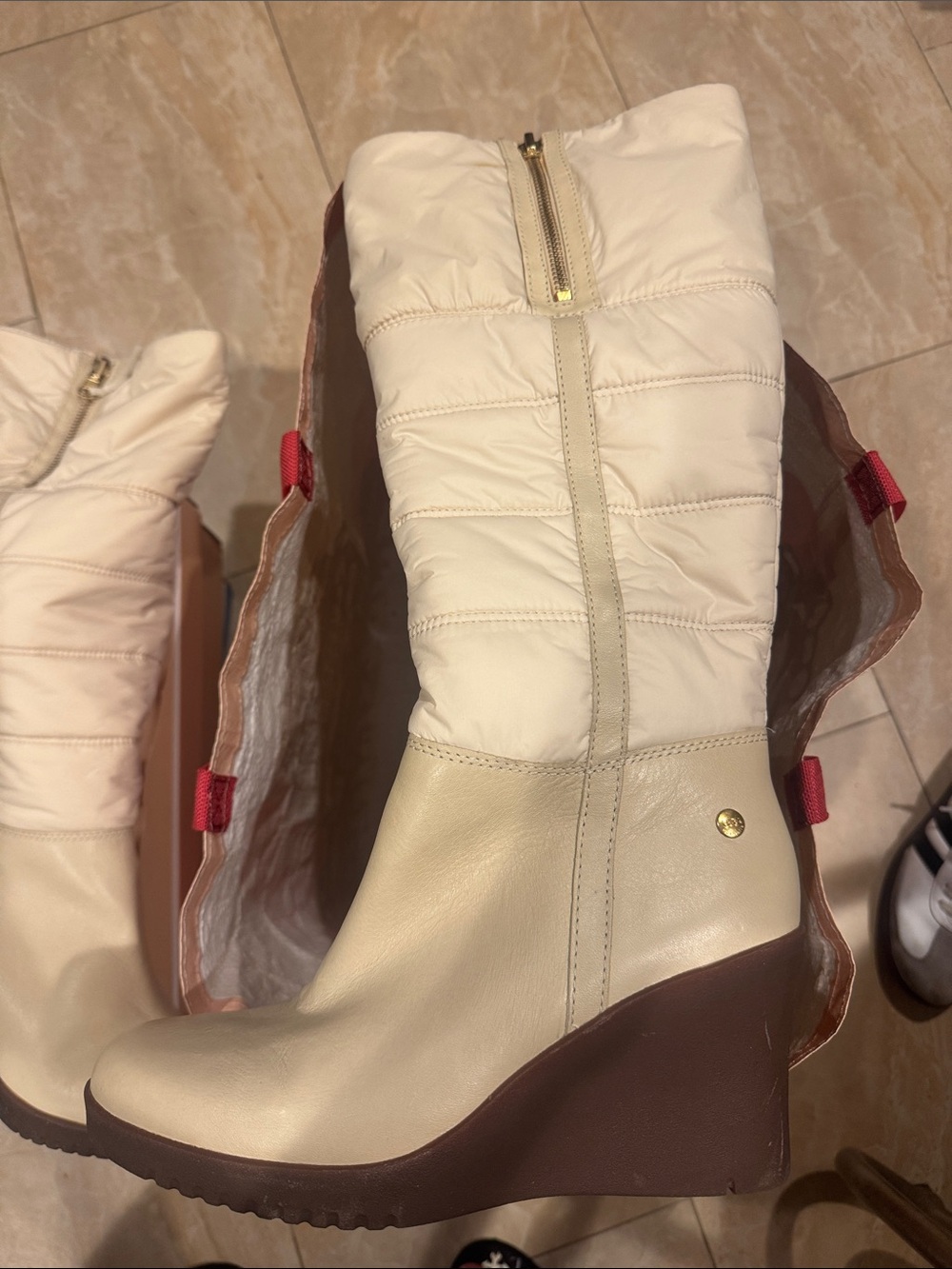 UGG Cream Quilted Wedge Mid-Calf Boots with Brown Sole